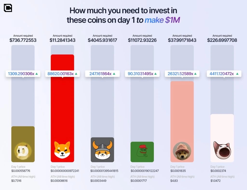 1. Bar chart showing the investment required in various meme coins on day one to achieve 1 million returns.