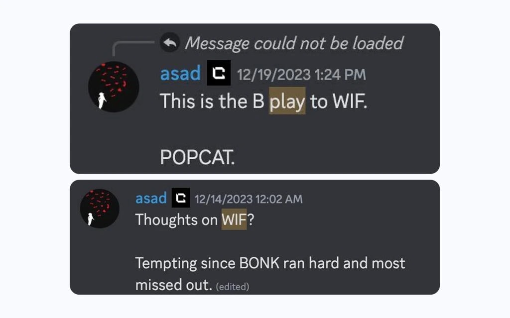 6. Screenshot of a crypto community discussion highlighting WIF and BONK memecoins, with user opinions and mentions of POPCAT.