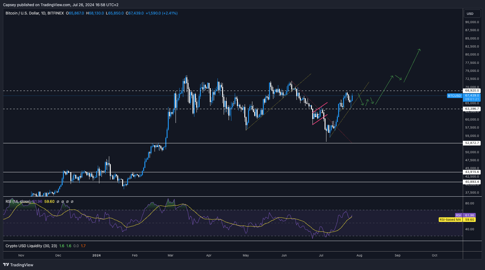 Bitcoin USD price chart showing key support and resistance levels with RSI indicator and potential upward trend predictions