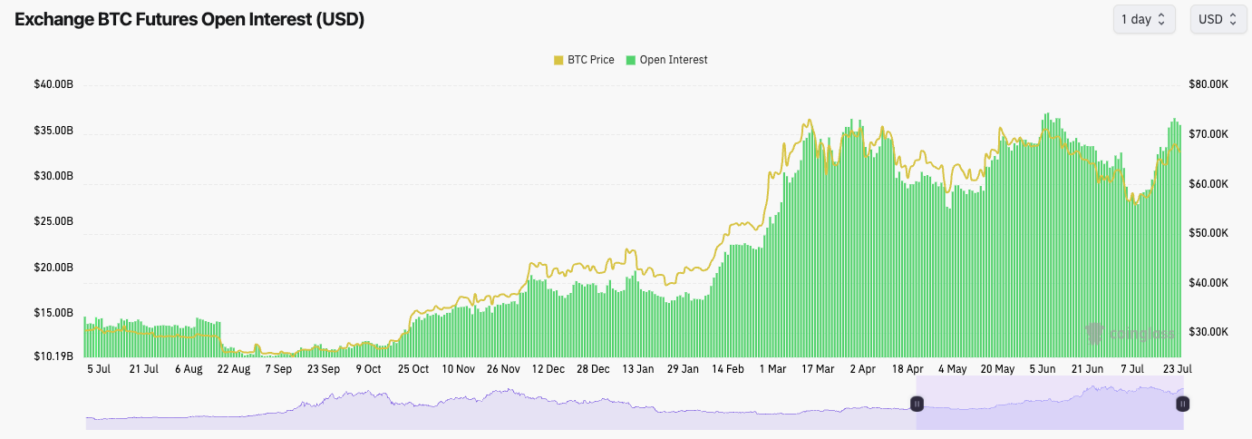 Exchange BTC Futures Open Interest chart showing BTC price and open interest trends from July 2023 to July 20