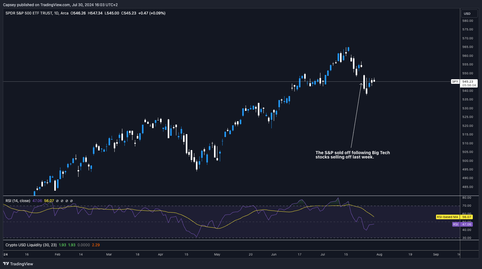 The S&P 500 chart shows a sell-off following Big Tech's decline with an RSI indicator. 