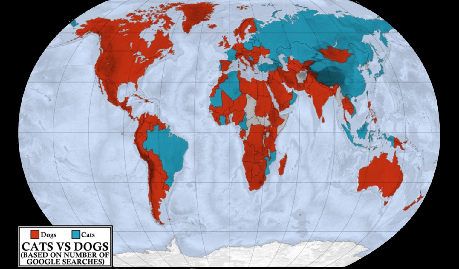 Map showing global preferences for cats or dogs based on Google searches.