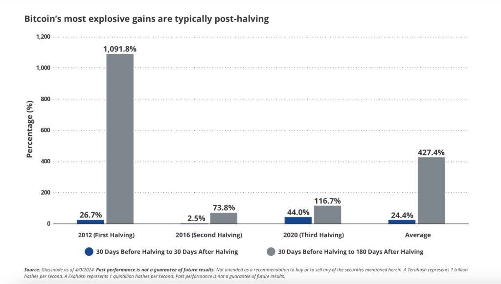 A bar chart showing Bitcoin's explosive gains before and after halving events in 2012, 2016, 2020, and the average.