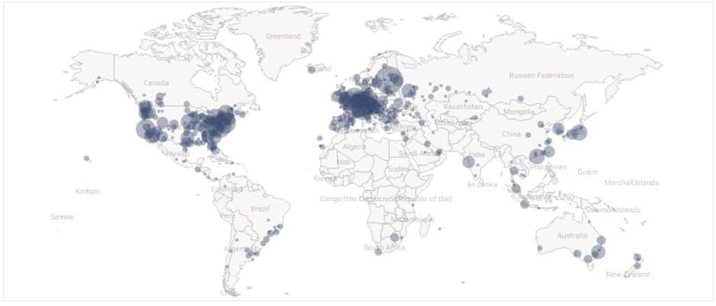 A world map showing densely populated regions with numerous dots indicating various locations in North America and Europe