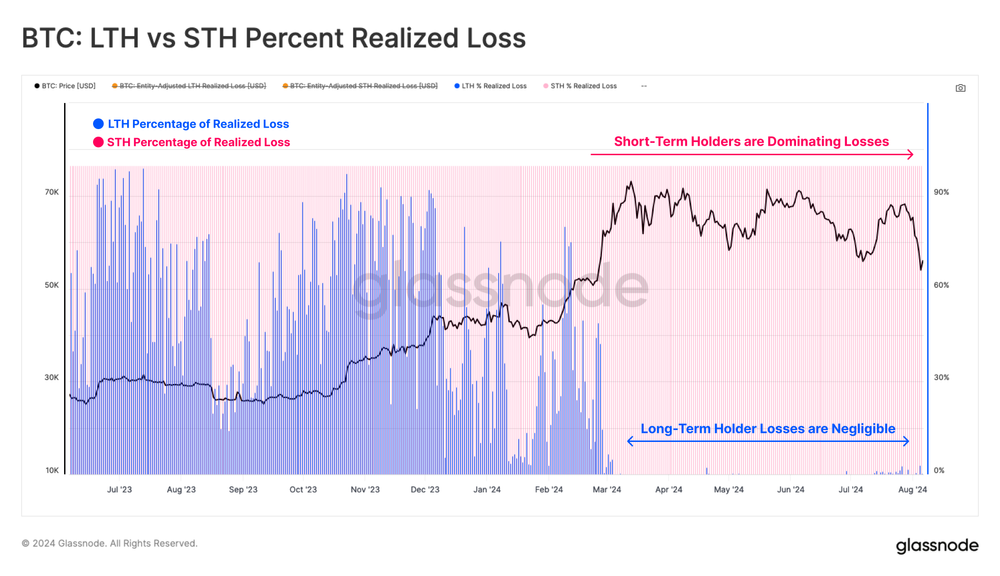 Bitcoin LTH vs STH percent realized loss chart showing long term holder losses are negligible and short term holder losses dominating