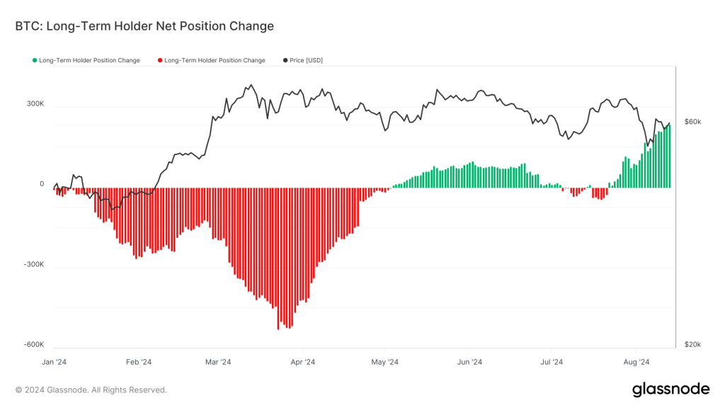 Chart depicting long-term holder net position change for Bitcoin, indicating accumulation or distribution trends over time