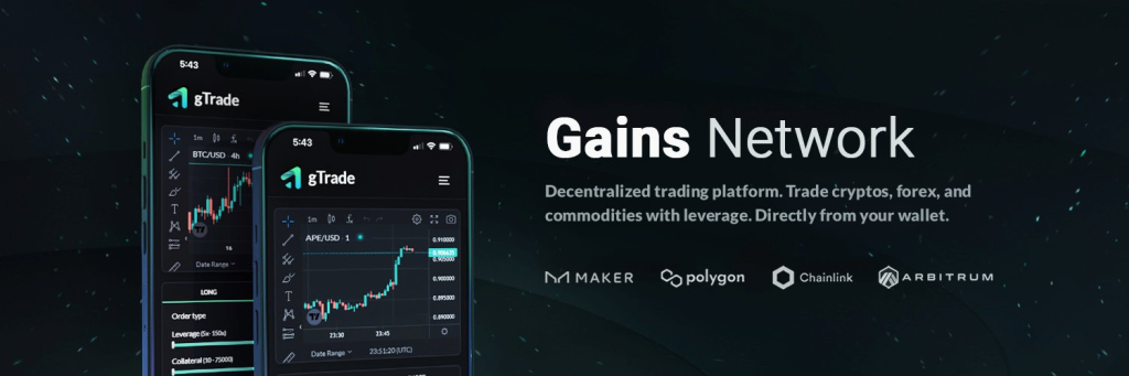 Gains Network trading platform interface displayed on mobile devices with key blockchain integrations highlighted.