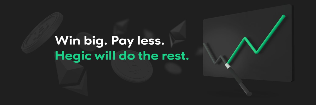Hegic banner promoting on-chain options trading with the slogan Win big Pay less Hegic will do the rest.