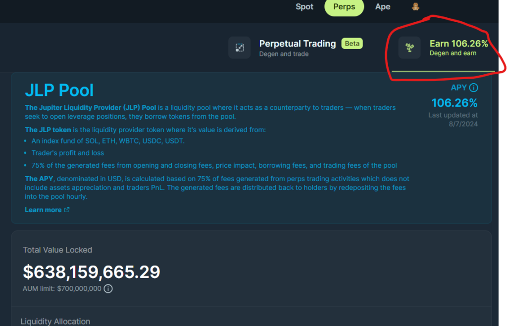 JLP Pool offers a 106.26% APY with an index fund of SOL, ETH, WBTC, USDC, and USDT, and total value locked.
