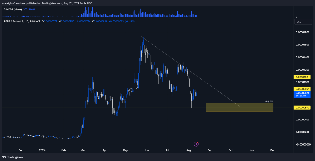 A chart showing PEPE/USDT price trend, highlighting resistance, support levels, and potential buy zone in August 2024. 