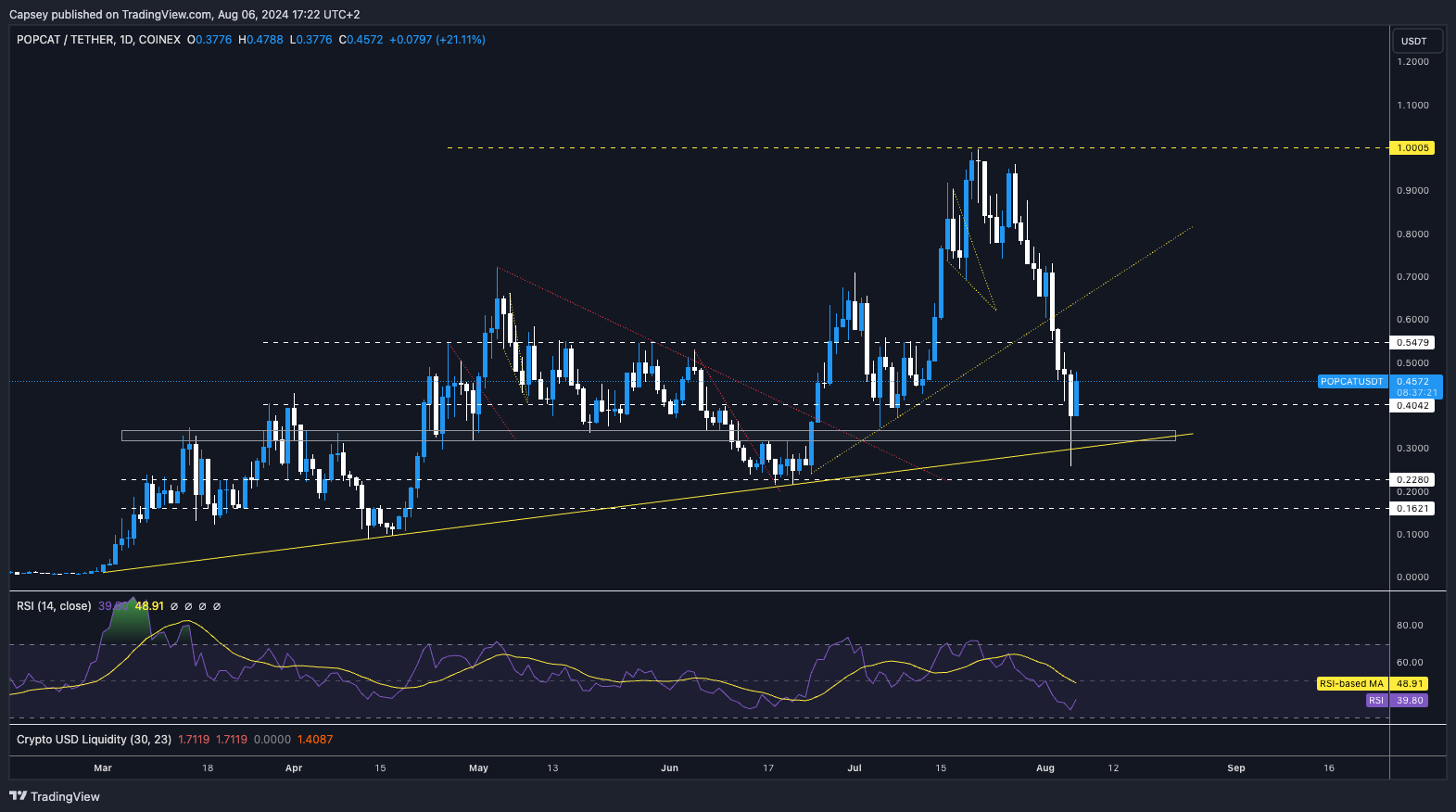 POPCAT cryptocurrency price chart on TradingView displaying price movements technical indicators and support resistance levels since March