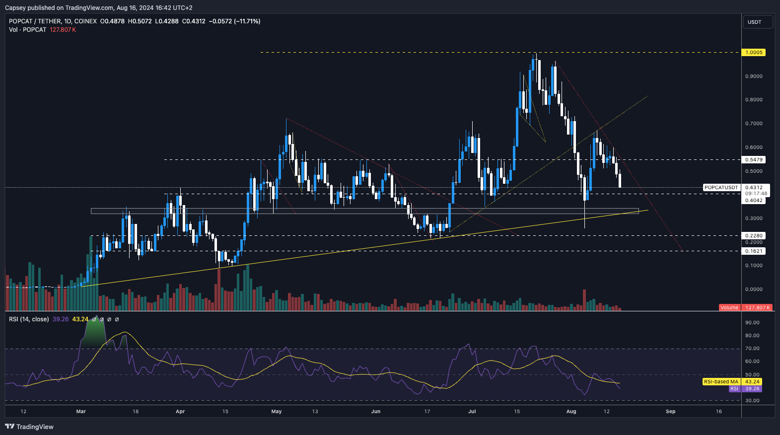 POPCAT price chart with support-resistance levels and RSI indicators showing significant price decline and market trend analysis