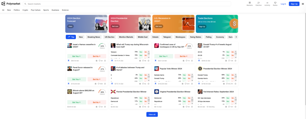 Polymarket interface showing various betting markets on political events, cryptocurrency prices, and current affairs with options to bet.
