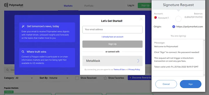 Polymarket sign-up screen showing options to register via email or MetaMask, and a MetaMask signature request for login.