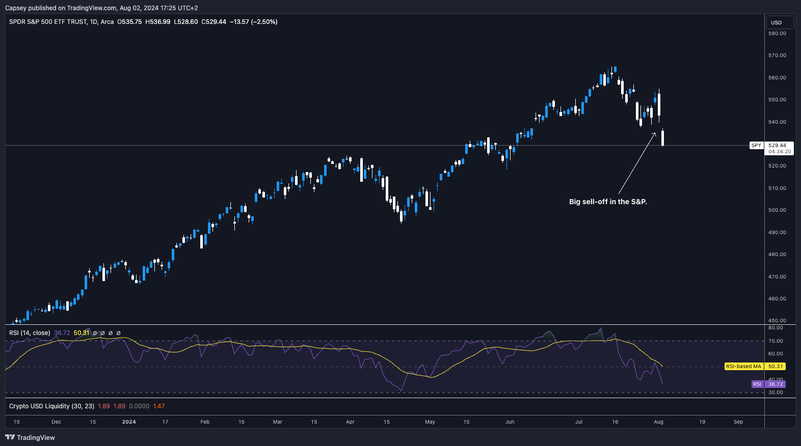 SPDR S&P 500 ETF Trust chart showing a significant sell-off, with RSI indicating oversold conditions, suggesting potential market volatility.