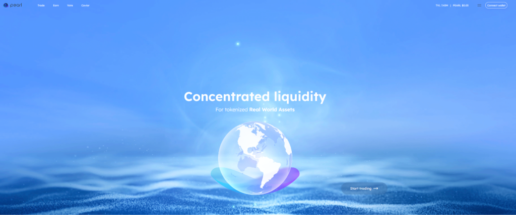 Screenshot of Pearl website homepage showing concentrated liquidity for tokenized real-world assets with a globe icon.