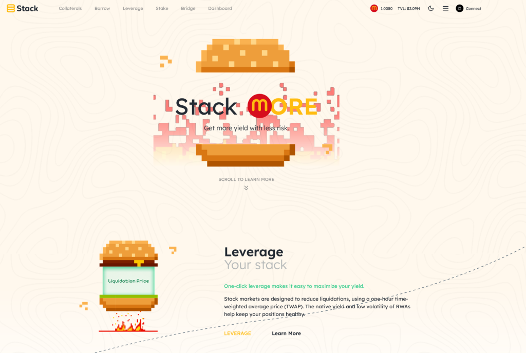 Stack website homepage displaying a burger-themed visual with options for leverage stake borrow and bridge features.