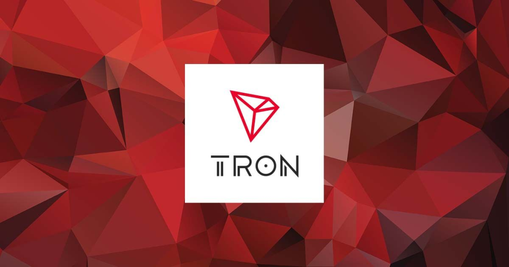 TRON logo with a red geometric background pattern.