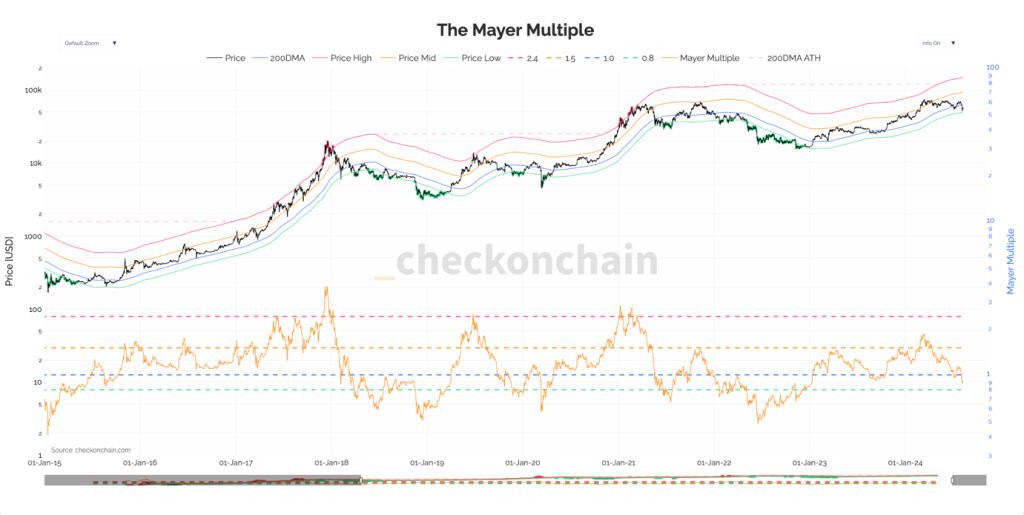 The Mayer Multiple chart showing Bitcoin price 200-day moving average price high price mid price low and Mayer Multiple values