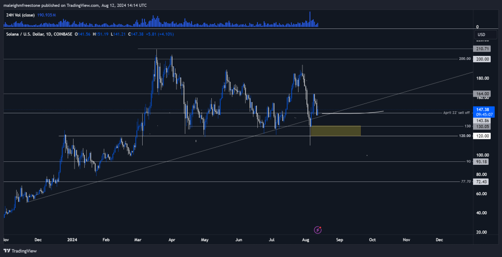 The chart shows Solana (SOL) price analysis with key support and resistance levels, trend lines, potential buy zone, and volume indicators.