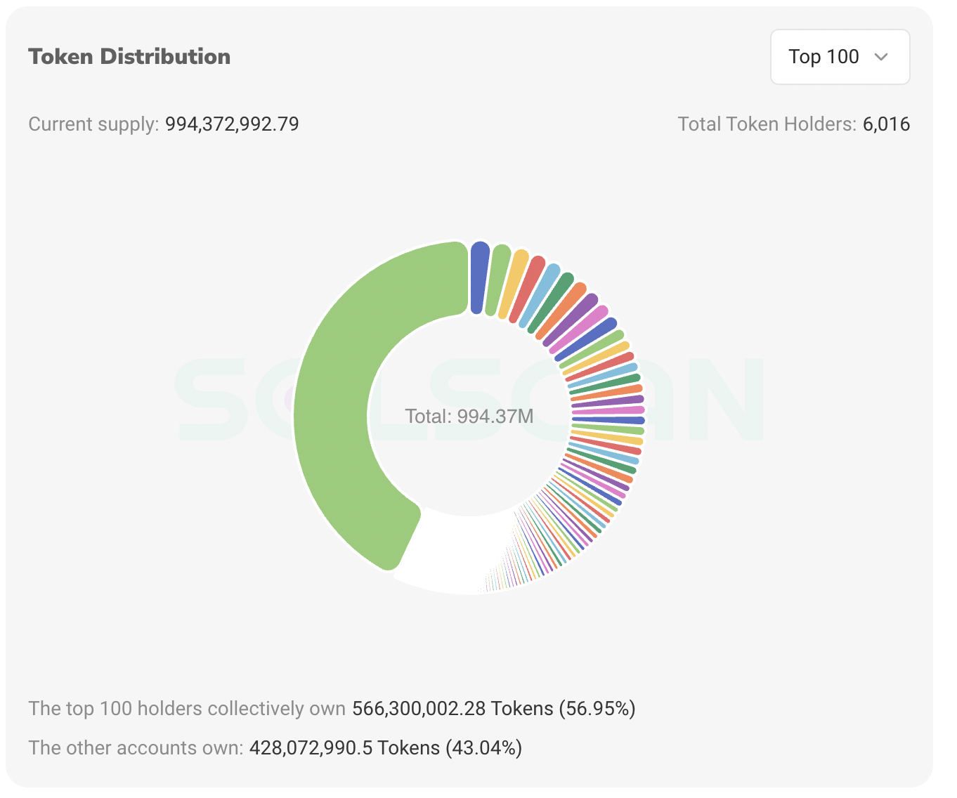 Token distribution chart showing top 100 holders owning 56.95% of total 994M supply, with 6,016 total holders