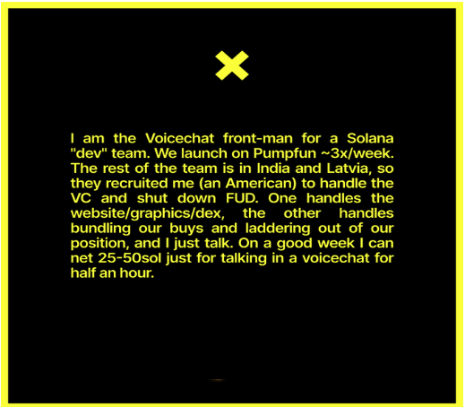 Voicechat front-man explains role in Solana dev team and earnings from handling VC and FUD for Pump.fun launches.