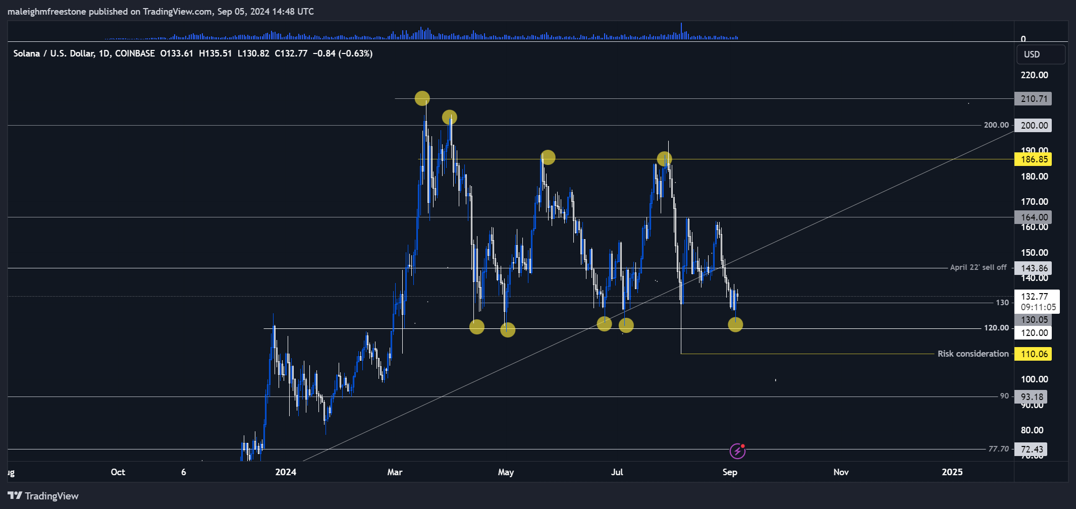 Solana (SOL) price chart showing key support and resistance levels with potential risk consideration for trading decisions.