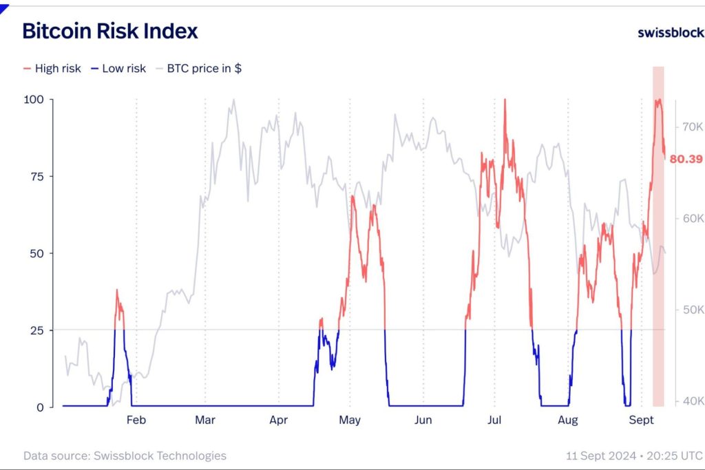 10. Bitcoin Risk Index chart showing high and low-risk zones, with Bitcoin price movements from February to September 2024.