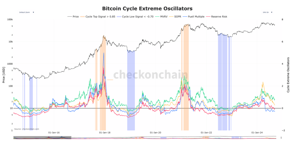 12. Bitcoin Cycle Extreme Oscillators chart showing price signals for tops and bottoms based on multiple metrics from 2016 to 2024.