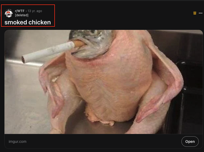A 13-year-old image of Smoking Chicken Fish meme from Reddit’s r/wtf subreddit, titled "smoked chicken.