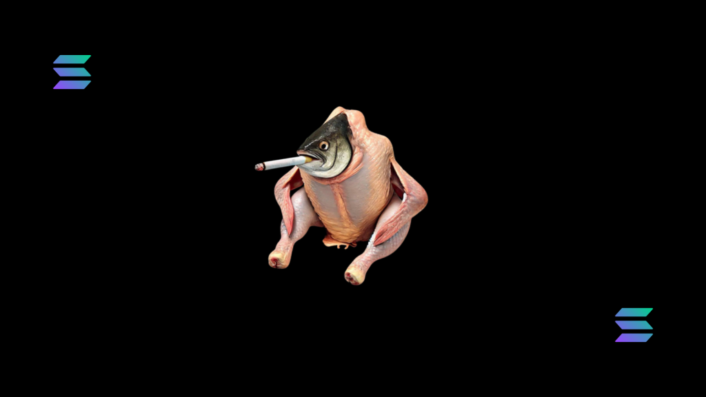 A humorous image of a fish-headed chicken smoking a cigarette, representing the Smoking Chicken Fish meme.