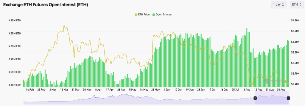 Ethereum futures open interest chart showing ETH price fluctuations and trading volume from February to August 2024.