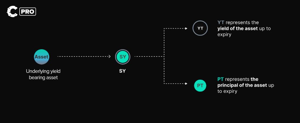 Flowchart showing how an asset is converted into SY, YT, and PT tokens in the Pendle ecosystem.