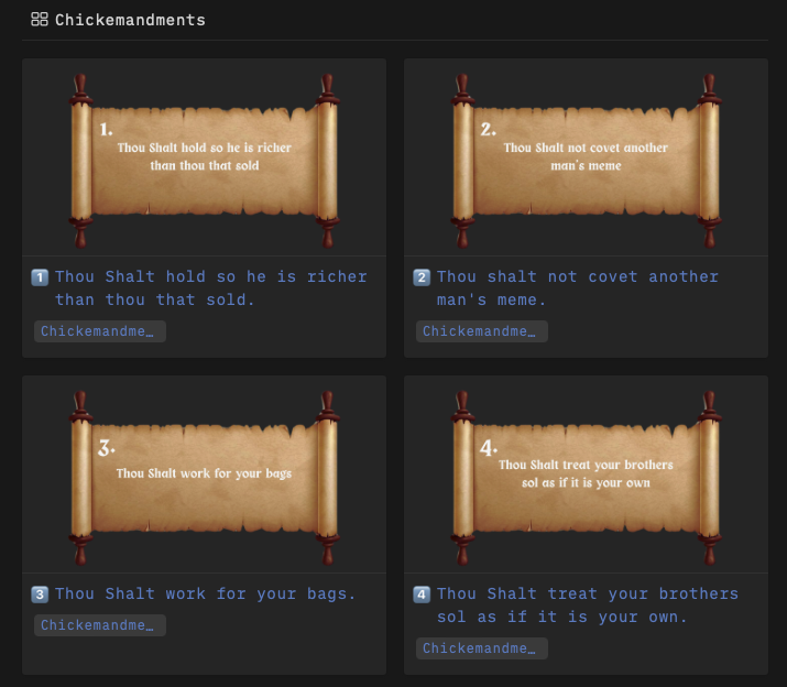 Four humorous commandments from the Smoking Chicken Fish community, called "Chickemandments," displayed on scrolls.
