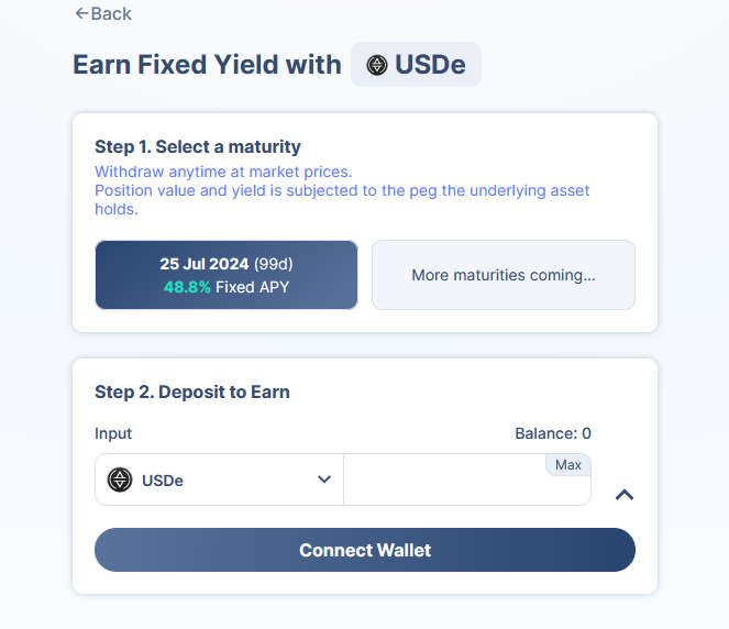 Interface snippet of Pendle showing a fixed yield offer for USDe with a 48.8% APY set to mature in July 2024.