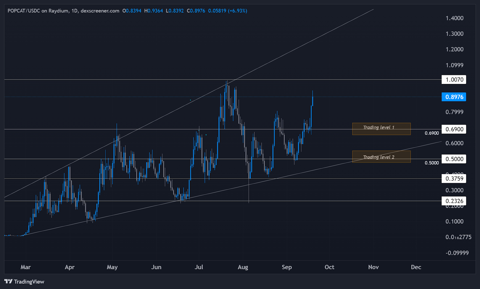 POPCAT price chart indicating resistance at $1.00 and trading levels at $0.69 and $0.50 with trend lines.