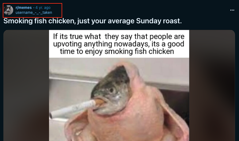 Screenshot of a meme from Reddit featuring the Smoking Chicken Fish with humorous captions.