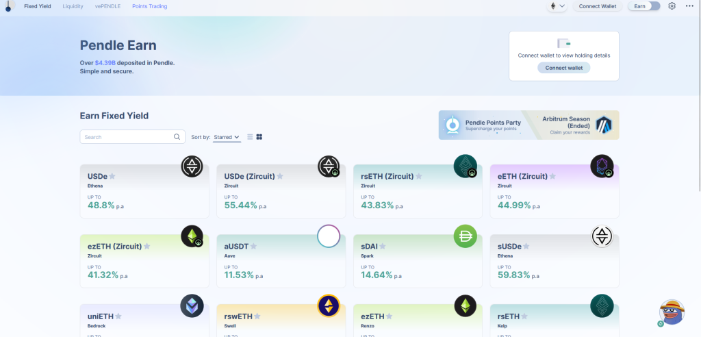 Web interface of Pendle Earn displaying fixed yield investment options for various cryptocurrencies.