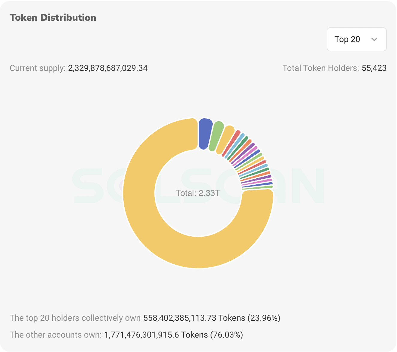 oken distribution chart illustrating top 20 holders owning 23.96% of the total 2.33 trillion supply, highlighting key accounts.
