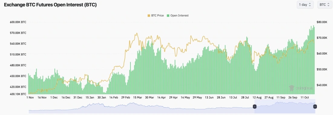 1. A chart showing BTC price in yellow and open interest in green. It displays market activity from November to October.