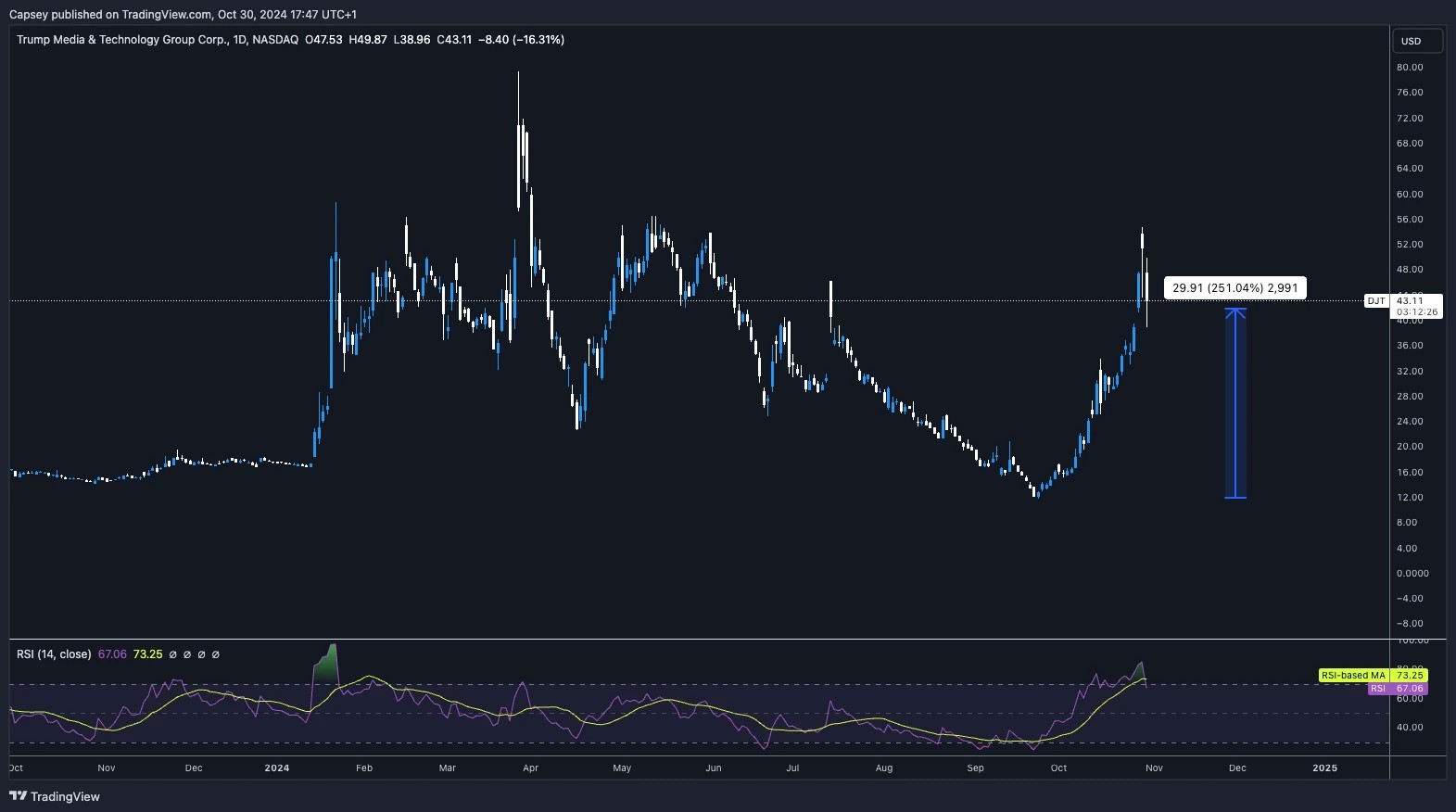 1. Daily chart of Trump Media & Technology Group showing a 251 increase followed by a recent 16.31 decline in stock price.