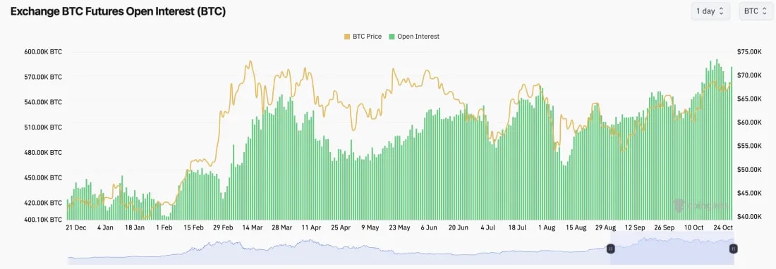 1. Graph depicting Exchange BTC Futures Open Interest in BTC from December to October, with fluctuating open interest and BTC price trends