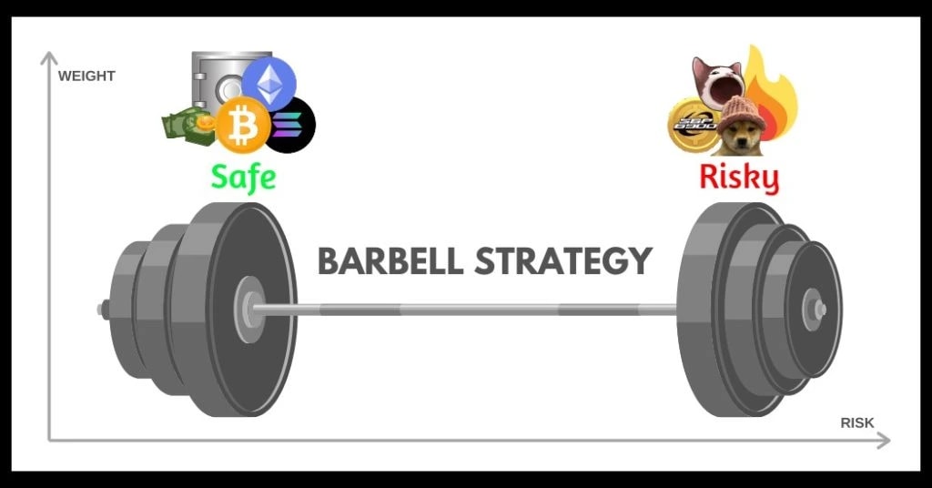 1. Visual representation of the Barbell Strategy showing safe assets like Bitcoin and risky assets like meme coins.