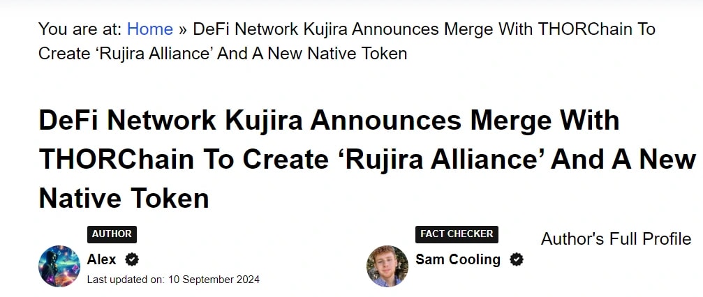 10. Headline announcing the merge between DeFi Network Kujira and THORChain, forming the Rujira Alliance and creating a new token.