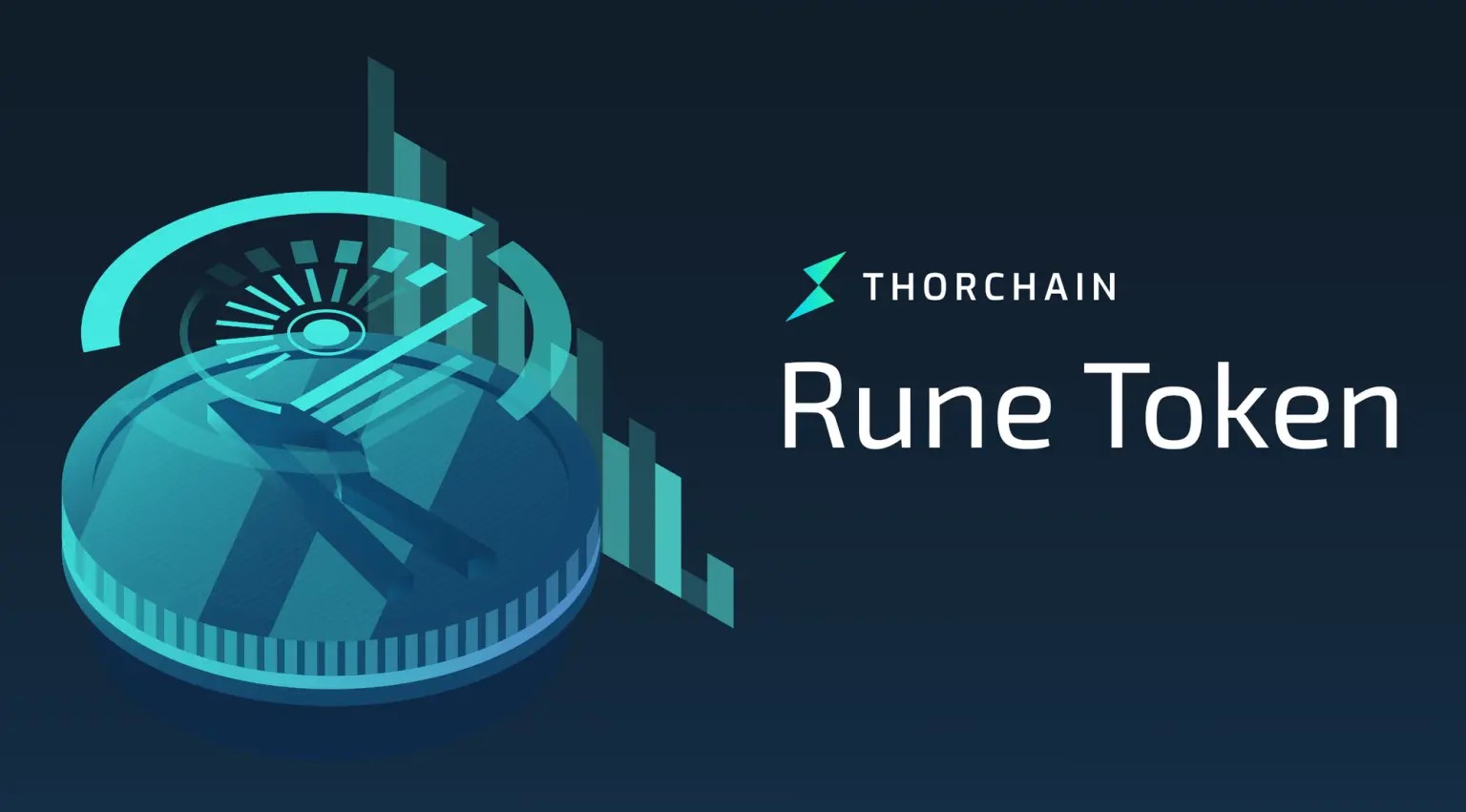 4. Graphic representation featuring the Rune token with THORChain branding and digital finance-related visual elements
