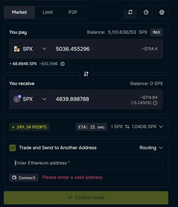 6. A trading screen showing a transaction for SPX tokens, including a balance, price, and routing information for the trade