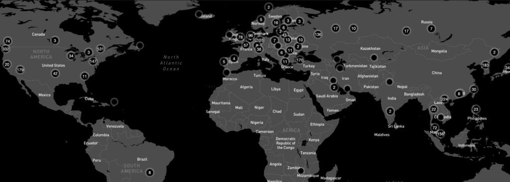 7. World map showing distribution of market engagement metrics by region, highlighting concentrated activity in the U.S. and Europe.