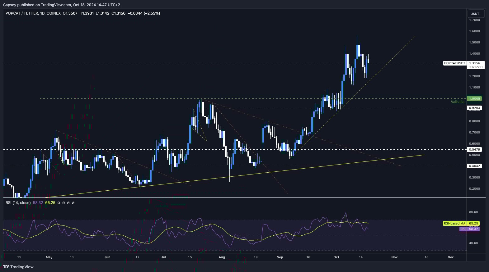 8. POPCAT daily chart showing price trends, support levels, and RSI indicator depicting potential upside and downside movement.