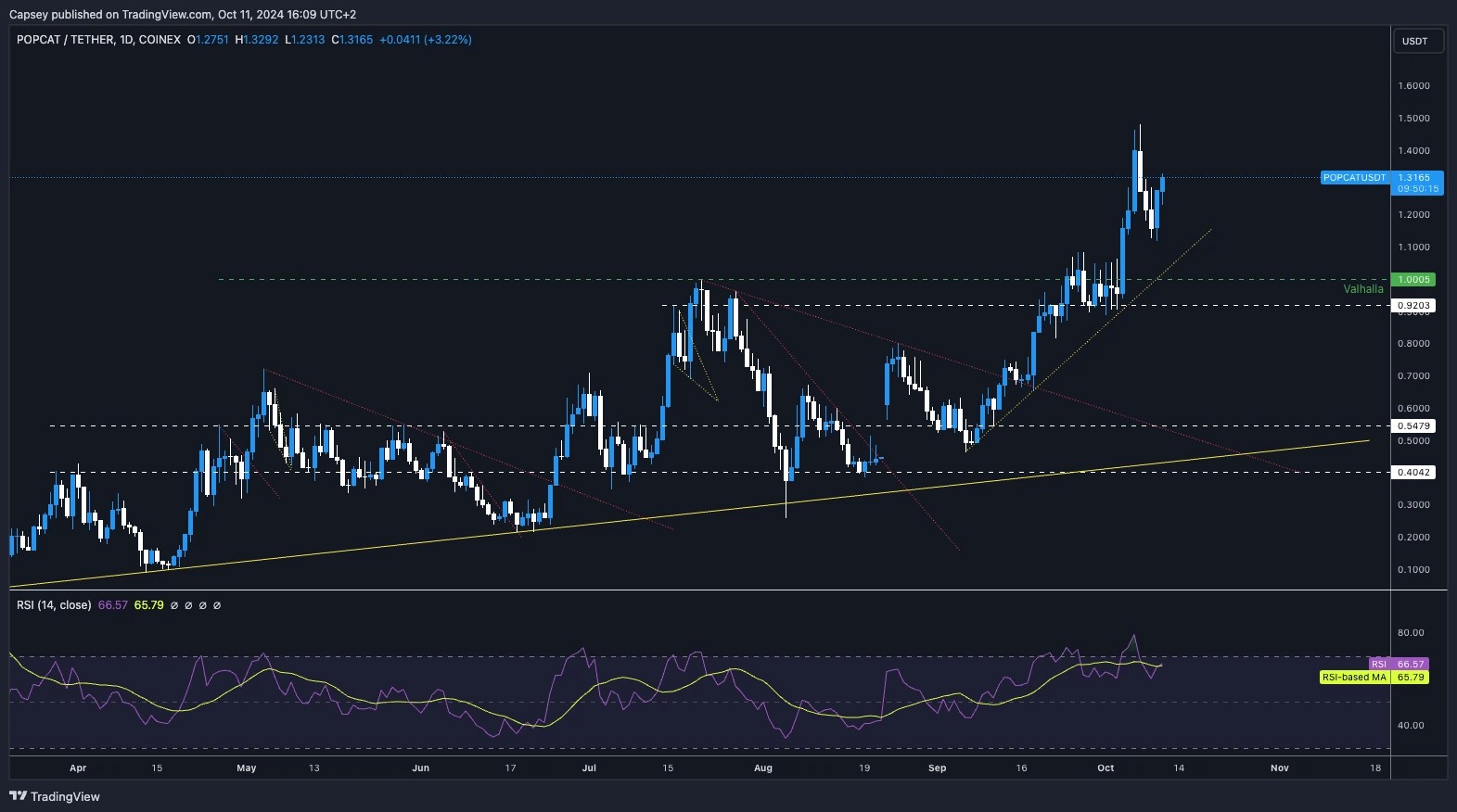 8. POPCAT price chart showing an uptrend with support and resistance levels, along with RSI near overbought territory.