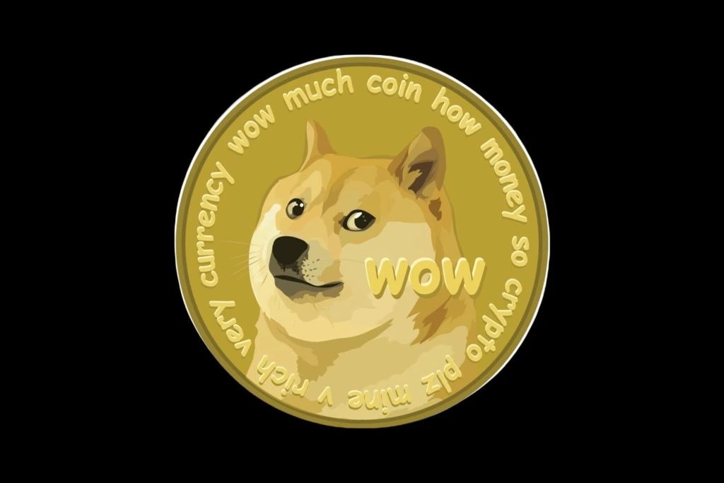 1. Illustration of a Dogecoin coin with a Shiba Inu dog, featuring playful text symbolizing cryptocurrencys meme culture.